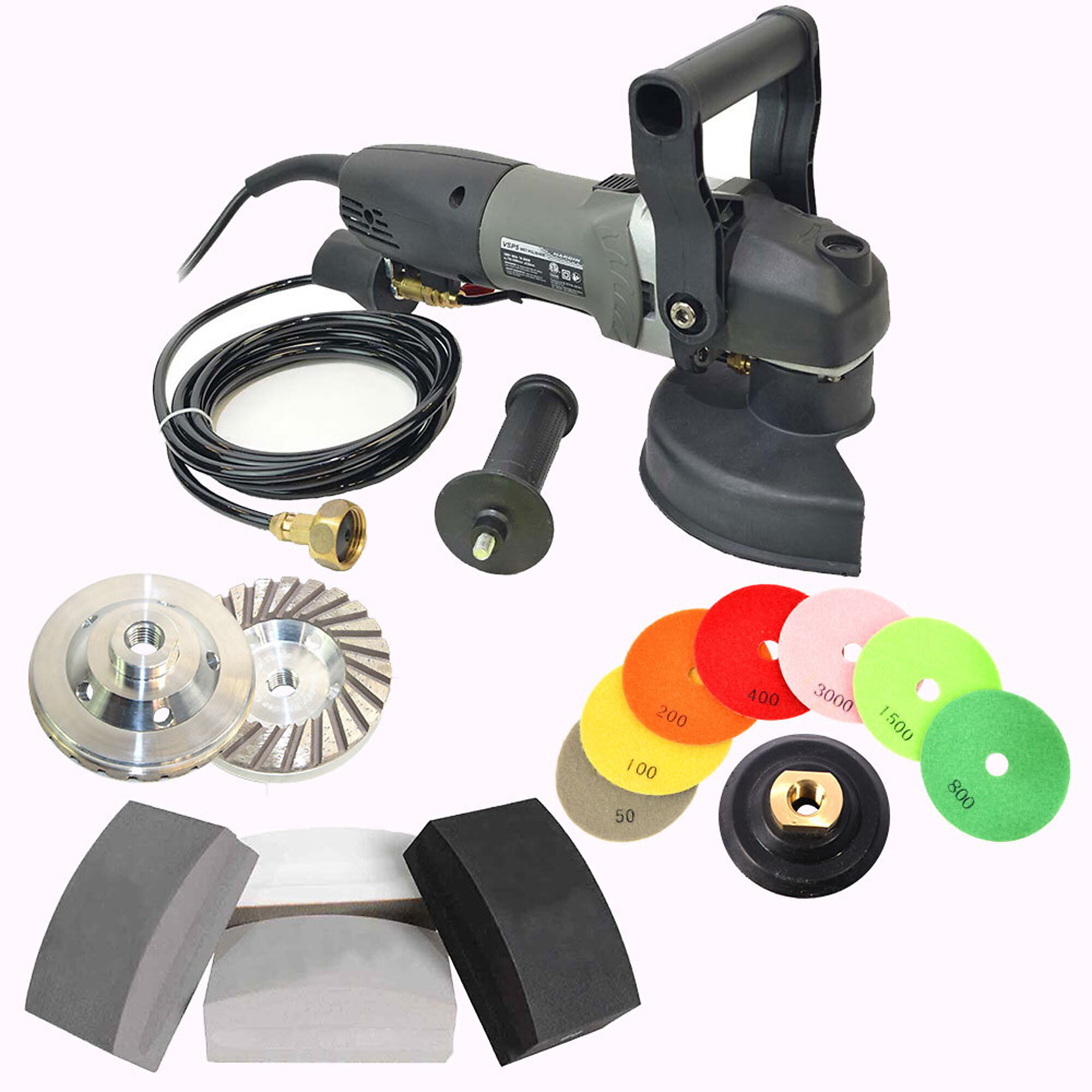 Hardin BRTEB680KIT 5 Inch Var Speed Polisher, 4 Inch Diamond Turbo Grinding Cup Wheel with Electroplated Hand Polishing Pad, 8 pc 5 Inch Diamond Polishing Pad Set & Kit